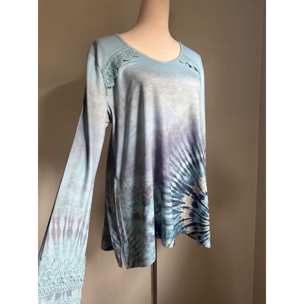 Live Let Live Blue TieDye Lace Long Sleeve Top Large boho whimsigoth fairy retro